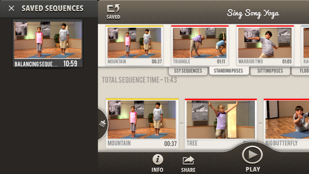 saved balancing sequence within the Sing Song Yoga kids yoga app